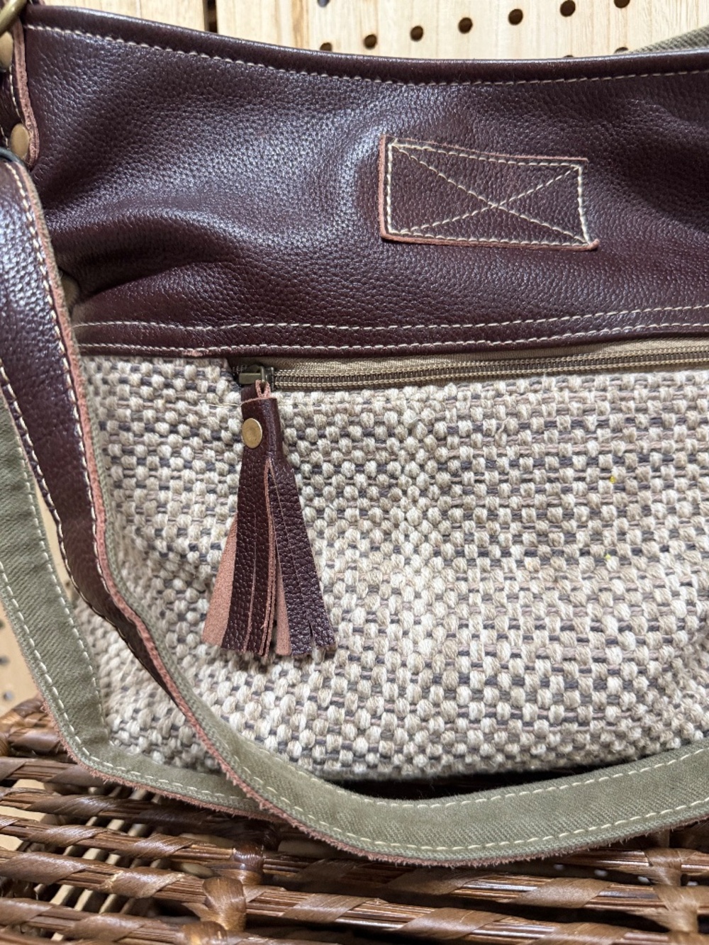 Myra Bag Woven Canvas & Leather Boho Slouch Crossbody Purse - Picture 2 of 12